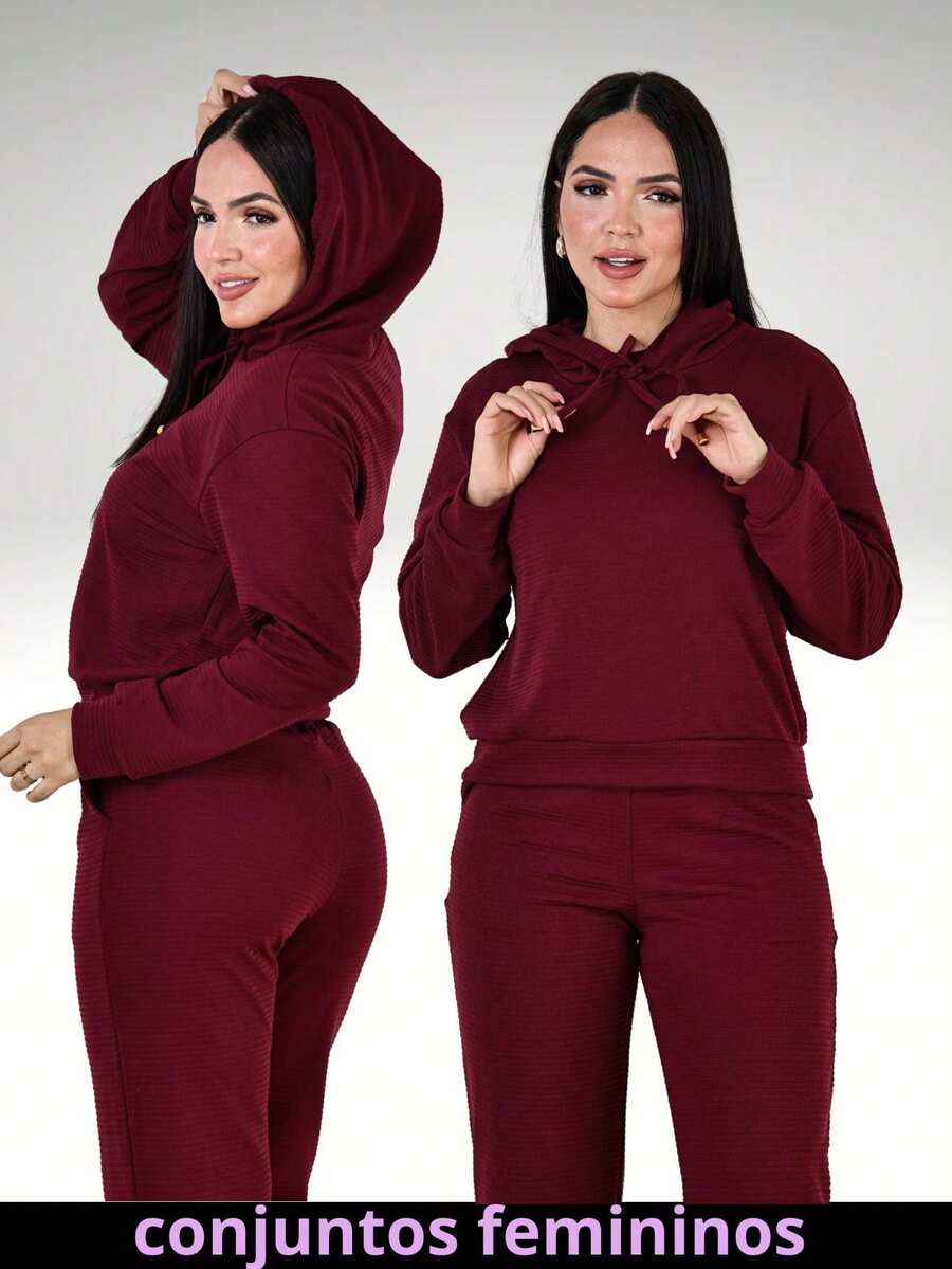 Ana Ribbed Wide-Leg Pants + Hoodie Set - Burgundy - View 1