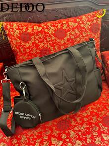Dedoo New Fashionable Casual Canvas Star Pattern Tote Bag With Coin Purse, Office & Commute Handbag For Women - Black - View 2