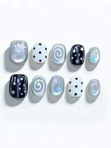10pcs Colorblock Design With Cool Gray, Milky White And Deep Black, Decorated With Colorful Star Pattern, Classic Polka Dots And Spiral Swirl, Emitting Sweet Yet Edgy Y2K Vibe. High-Gloss Finish And Short Square Shape Create Diverse And Eye-Catching Everyday Aesthetic. This Charming Style Is Perfect For Adding Personalized To Any Outfit, Suitable For Daily Outings, Casual Gatherings And Various Occasions. - Multicolor - View 1