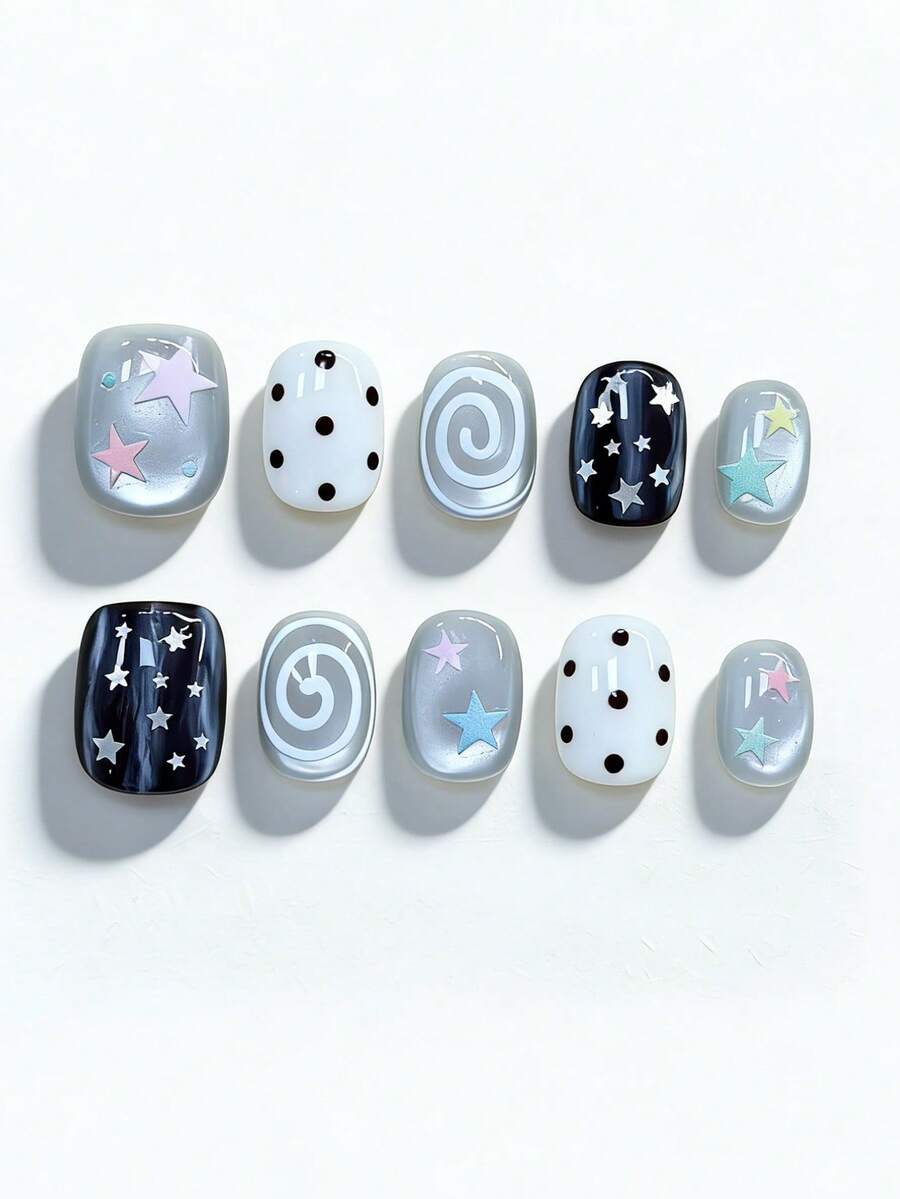 10pcs Colorblock Design With Cool Gray, Milky White And Deep Black, Decorated With Colorful Star Pattern, Classic Polka Dots And Spiral Swirl, Emitting Sweet Yet Edgy Y2K Vibe. High-Gloss Finish And Short Square Shape Create Diverse And Eye-Catching Everyday Aesthetic. This Charming Style Is Perfect For Adding Personalized To Any Outfit, Suitable For Daily Outings, Casual Gatherings And Various Occasions. - Multicolor - View 1