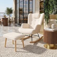 Set Sedia a Dondolo in Tessuto Teddy Bianco con Poggiatesta, Tasca Laterale e Poggiapiedi, Poltrona Relax Moderna - Bianco - Visualizzare 3