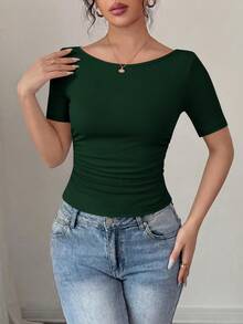 PRETTYGARDEN Womens Summer Short Sleeve Tops Boat Neck Ribbed Knit Slim Fit T Shirt Casual Basic Top Y2K Clothes - 墨綠 - 查看 3