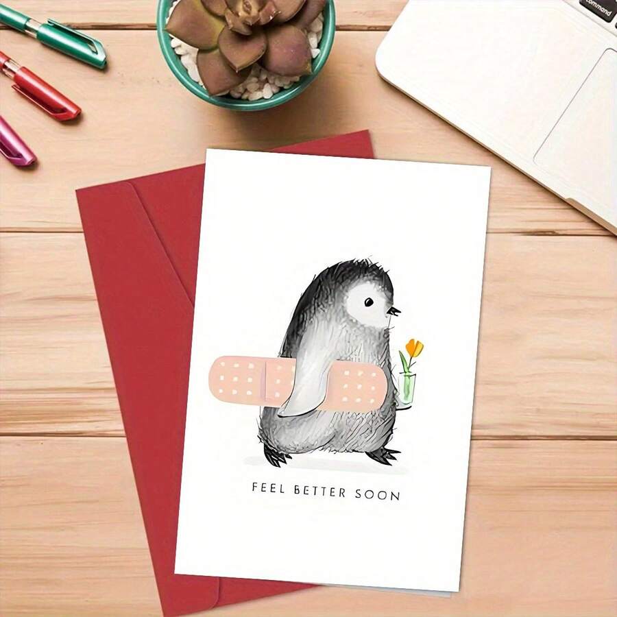 1 Thiệp chúc mừng hài hước hình chim cánh cụt - Với hình ảnh một chú chim cánh cụt dễ thương đang cầm một bông hoa tulip - Món quà "Chúc mau chóng bình phục" thích hợp dành cho gia đình, bạn bè và bạn học. - 1PC - Xem 1
