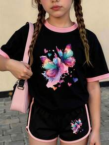 一套少女圆领T恤短裤套装，包含一件彩色蝴蝶印花短袖T恤和一条短裤，舒适简约设计，适合春夏穿着。 - 彩色 - 查看 2