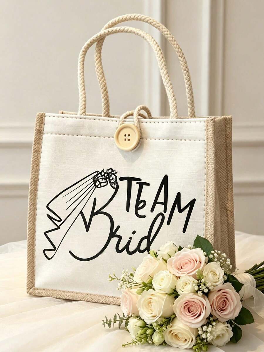 1 pièce Sac fourre-tout pour femme avec équipe et mariée & cœur - lettrage cursif élégant et design de cœur sur un sac fourre-tout en lin durable, sac fourre-tout en lin, sac fourre-tout mode quotidien, accessoire de fête de demoiselle d'honneur de mariage, pour les week-ends, les voyages à la plage et les vacances d'été, souvenirs de mariage, cadeau parfait pour la rentrée scolaire, l'été, le Nouvel An, le Ramadan, l'Aïd, la Saint-Valentin, Noël ou l'Action de grâce. - Multicolore - Voir 1