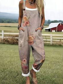Women's Plus Size V-Neck Two Piece Set, Vintage Rose Floral Full Print Woven Fabric Overalls With Pockets, Machine Washable, Casual Vacation Outfit, Versatile For Daily Wear & Sports - 彩色 - 查看 2