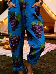 Grape Printed Women's Adjustable Strap Jumpsuit, Polyester Fabric, Lightweight And Breathable, Women's Clothing, Regular Women's Clothing, Women's Jumpsuits And Bodysuits, Women's Jumpsuit, Women's Plus Size Jumpsuit - 彩色 - 查看 2
