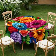1pc 2D Floral Print Round Tablecloth, Colorful Blooming Wavy Edge, Polyester Dining Table Cover For Family Gathering, Party, Picnic, Outdoor Wedding, Indoor & Outdoor Use, Gift For Loved Ones - Multicolor - View 10