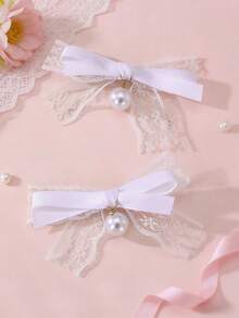 2pcs Elegant French Style White Lace Bow Pearl Hair Clips, Suitable For Daily Wear And Party Decoration - Multicolor - View 1