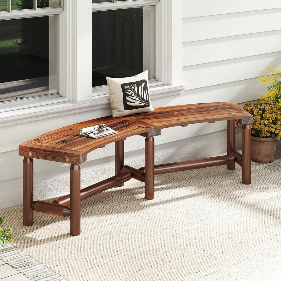COSTWAY Patio Curved Bench, Solid Wood Fire Pit Bench For 2-3 People, Outdoor Backless Loveseat For Backyard, Garden, Poolside, Brown - Brown - View 1