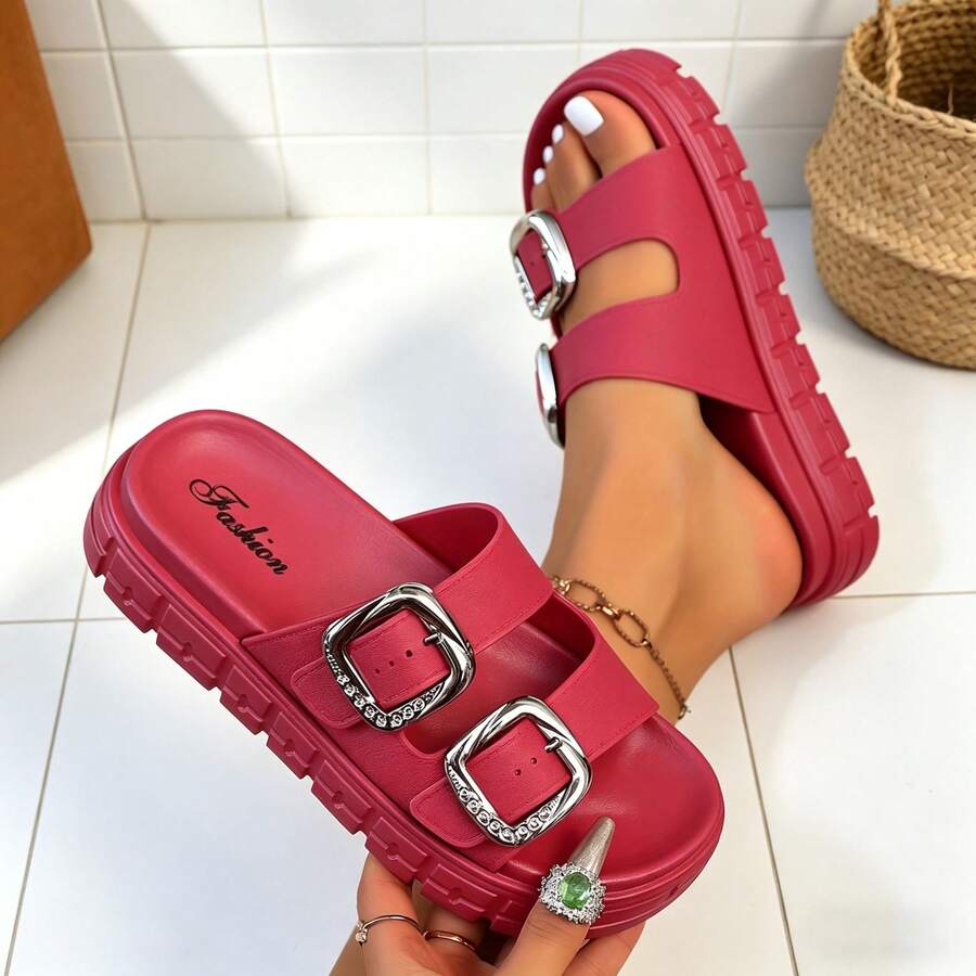 FZY Spring And Summer Women's Thick-Soled Double-Strap Slide Sandals, With Silver Carved Metal Buckles On The Upper For Adjustable Tightness To Fit Different Foot Shapes; Crafted From Soft, Skin-Friendly Matte Faux Leather, Featuring A Hollow-Out Design For Breathability And No Stuffiness, With An Anti-Slip And Wear-Resistant Outsole That Increases Height, Elongates Legs And Buffers Walking Pressure, As Height-Increasing Casual Shoes; With A Sweet And Cool Casual Style, Suitable For Daily Outings, Commuting, Dates, Vacations And Other Scenarios, As Outdoor Casual Slippers; Versatile With Jeans, Dresses, Shorts And Wide-Leg Pants, Easily Creating Sophisticated Or Vibrant Looks, As Casual Commuter Shoes, A Fashion Item That Matches All Summer Outfits; Helping You Balance Comfort And Style, Say Goodbye To Matching Troubles, Easily Enhance The Delicacy Of Your Overall Look, And Meet Women's Needs For Practical, Beautiful All-Match Summer Sandals, As Beach Outdoor Casual Shoes. - Đỏ - Xem 1