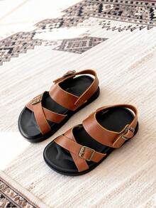 1 Pair Fashion Children's Sandals, Brown Girls' Flat Sandals, Metal Buckle & Hook And Loop Design Easy To Wear, Soft Non-Slip Sole, Suitable For Summer Outings, Banquets, Parties, Vacations - Brown - View 6