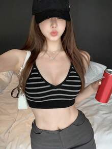 Áo tank top hai dây kẻ sọc gợi cảm dành cho nữ, thiết kế hở lưng, dáng ôm sát, có đệm mút, thích hợp cho mùa xuân/hè. - màu đen - Xem 2