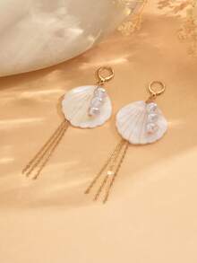 1 paire de boucles d'oreilles à gland avec décoration de coquillage style océan romantique, boucles d'oreilles élégantes avec faux perles, bijoux charmants convenant pour le port quotidien, les sorties à la plage et les vacances. Les motifs et les formes sur les coquillages sont aléatoires, pas fixes. - Multicolore - Voir 2