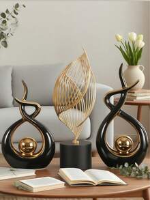 Escultura abstracta moderna en negro & dorado, estatua artística de lujo, elegante pieza central de decoración para el hogar adecuada para sala de estar, mueble de TV, estantería, escritorio de oficina, entrada, regalo ideal para inauguración de casa y boda, acento contemporáneo para dormitorio y mesa de comedor - 1PC - Ver 1