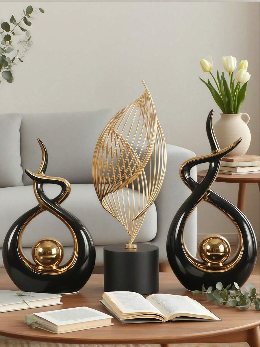 Escultura abstracta moderna en negro & dorado, estatua artística de lujo, elegante pieza central de decoración para el hogar adecuada para sala de estar, mueble de TV, estantería, escritorio de oficina, entrada, regalo ideal para inauguración de casa y boda, acento contemporáneo para dormitorio y mesa de comedor - 1PC - Ver 1