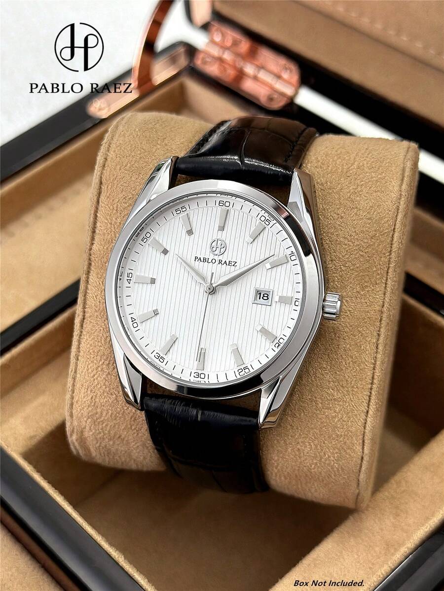 Pablo Raez 1pc Men's Watch Original Authentic Famous Brand New Luxury Wristwatch Men's Silver Non-Fading Exquisite Stainless Steel Fashion Clock Minimalist Business Men's Watch 50m Waterproof Calendar Date Display Premium Men's Fashion AAA Grade Quartz Watch Real Steel Scale Black PU Leather Soft Strap Chain High-End Daily Wear Teacher Gift Father Or Boyfriend Gift Graduation Wedding Birthday Gift