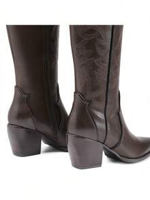 Knee High Boots Women, Pull On Zipper Chunky Heel Pointed Toe Party Embroidered Western Cowgirl Cowboy Boots - 巧克力棕 - 查看 8