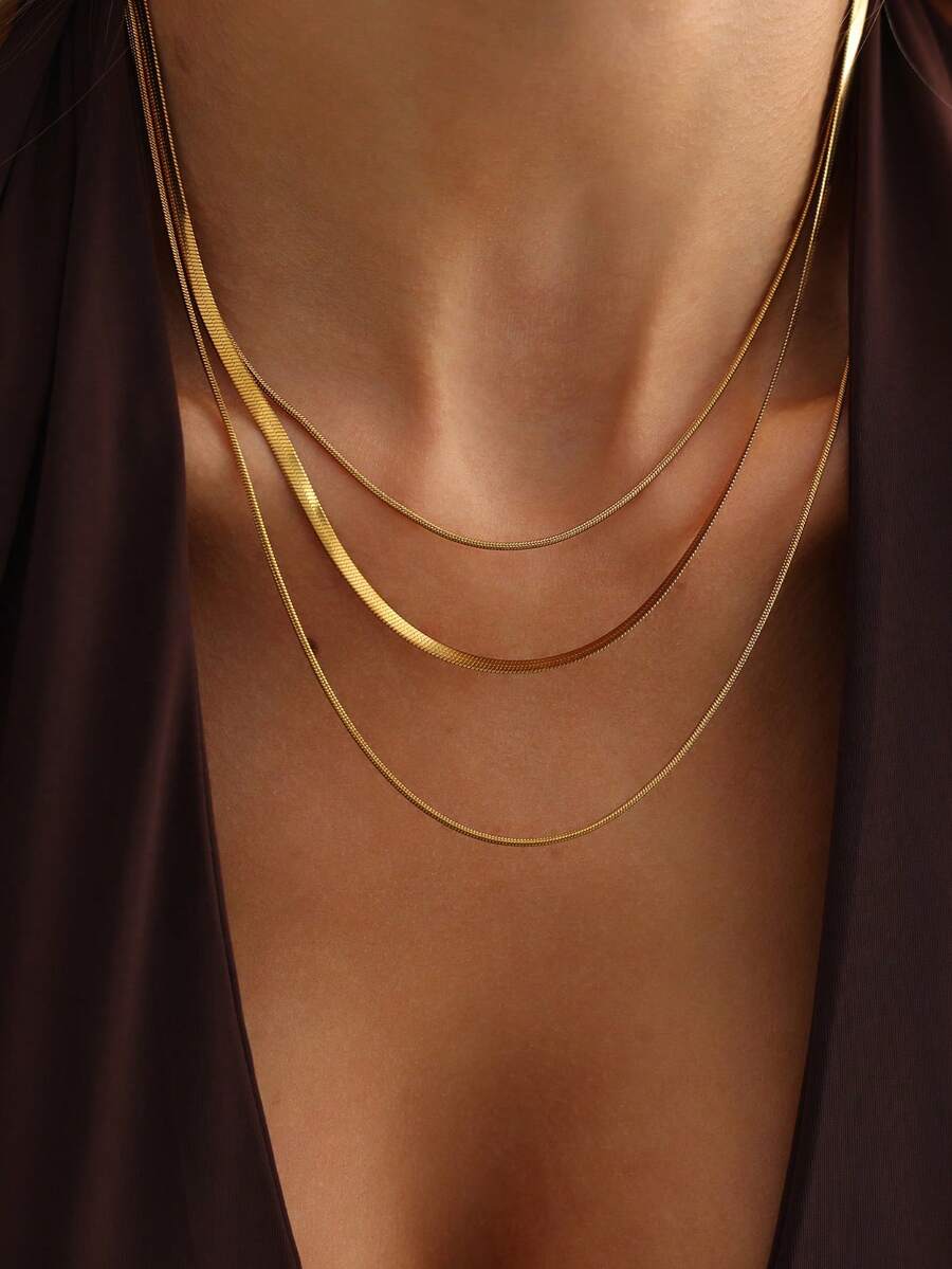 1 chiếc vòng cổ nhiều lớp bằng thép không gỉ mạ vàng 18K phong cách tối giản thường ngày, vòng cổ choker dạng dây xích dẹt, chống thấm nước và không phai màu dành cho nữ, phù hợp cho cả mặc hàng ngày và dự tiệc, quà tặng ngày lễ.