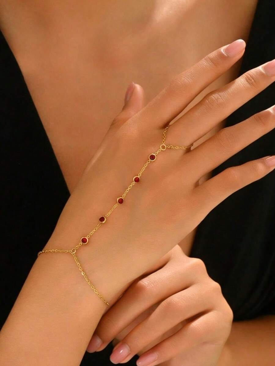1 pieza Cadena de mano de mujer de acero inoxidable con 5 cuentas de circonita roja, joyería de moda chapada en oro de 18K - Rojo - Ver 1