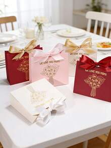5pcs Mother's Day Gift Box With Gold Foil Flower Bouquet Design, Mini Paper Favor Packaging With Satin Ribbon Bow, Elegant Small Gift Wrap For Mom Appreciation Party, Candy Treat Holder For Birthday Wedding Baby Shower, Romantic Floral Keepsake Box, Easy To Assemble - 11.5X4.5X10cm - View 3