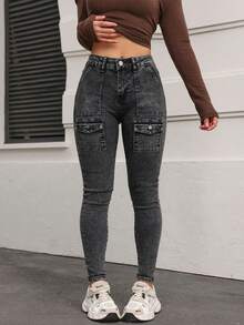 Skinny Cargo Jeans, Washed, Stretchy, With Multiple Buttoned Pockets, Butt-Lifting Effect, Tummy Control And Fitted Cuffs - Black Ash Water Wash - View 2