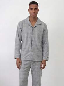 Snug League 1set Men Plaid Pattern Contrast Color Trimmed Long Sleeve Top And Pants Homewear Suit For Spring/Autumn, Breathable And Sweat-Absorbing, Fall Winter Clothes - Light Grey - View 5