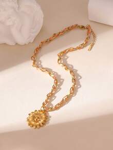 Collier vintage en métal avec fleur tressée, collier pendentif en acier inoxydable de style vacances à la plage personnalisé, accessoires pour femmes - Multicolore - Voir 2