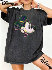Disney Women's Loose-Fit Vintage  Printed T-Shirt, Hand-Painted Mickey Mouse Design, 100% Cotton, Mother's Day,Disney Collaboration - 黑色 - 查看 1