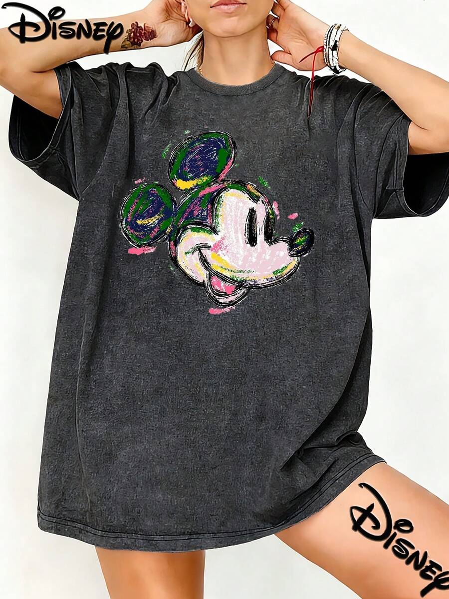 Disney Women's Loose-Fit Vintage  Printed T-Shirt, Hand-Painted Mickey Mouse Design, 100% Cotton, Mother's Day,Disney Collaboration - 黑色 - 查看 1