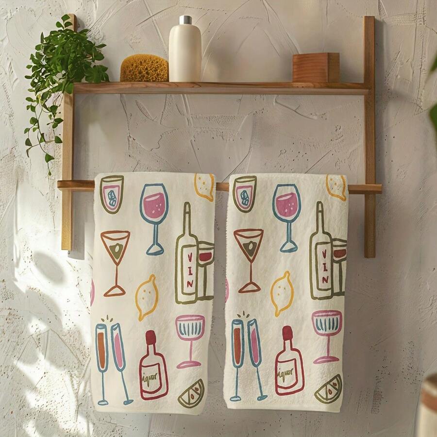 2D Flat Pattern Kitchen Towel,Designed With A Painting Of Wine And Glasses On A White Background. Made From Ultra-Fine Fibers, These Towels Are Absorbent, Quick-Drying, And Machine Washable.1/2/4/6/8 Pcs,,Various Holiday,Valentine's Day ,Easter, Mother's Day,Father's Day,Halloween, Thanksgiving ,Christmas,Birthday's Perfect,Gifts. - 混色 - 查看 1