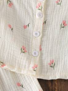 2pcs Baby Girls Floral Print Flutter Sleeve Top And Ruffle Hem Pants Set, Summer - White - View 6