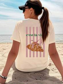 女士休闲短袖T恤，亮丽的羊角面包和条纹图案，圆领，春夏上衣，女士T恤，夏秋女装，女士外套，情人节女装，女士服装，节日服装 - 杏色 - 查看 10