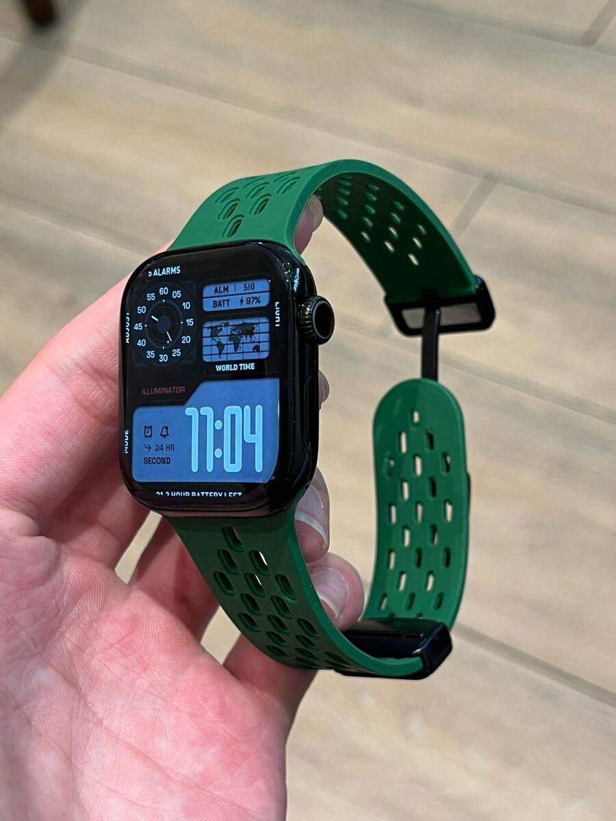 1条男女通用运动透气硅胶磁吸表带,兼容42mm、38mm、40mm、41mm、44mm、45mm、46mm、49mm时尚智能手表替换表带,适用于Series Ultra2、Ultra SE2、SE 11、10、9、8、7、6、5、4、3、2、1 - 綠色 - 查看 1