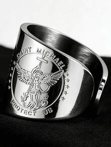 不锈钢大天使米迦勒骑士盾牌保护开口戒指护身符饰品，高品质不锈钢镀18K金，父亲节母亲节礼物，日常佩戴 - 戒指 - 查看 1