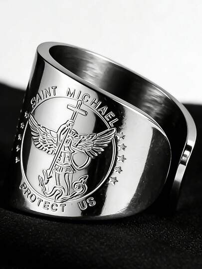 不锈钢大天使米迦勒骑士盾牌保护开口戒指护身符饰品，高品质不锈钢镀18K金，父亲节母亲节礼物，日常佩戴