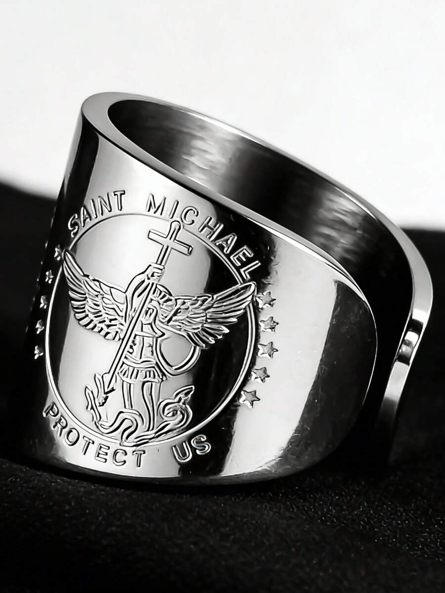 不锈钢大天使米迦勒骑士盾牌保护开口戒指护身符饰品，高品质不锈钢镀18K金，父亲节母亲节礼物，日常佩戴 - 戒指 - 查看 1
