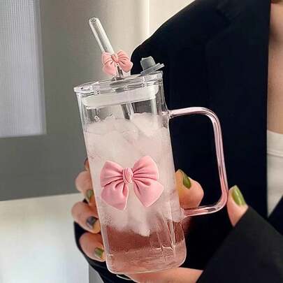 1pc 400ml High Borosilicate Glass Cup, Pink Bow Glass Straw Cup, Heat-Resistant Covered Square Beverage/Water Cup