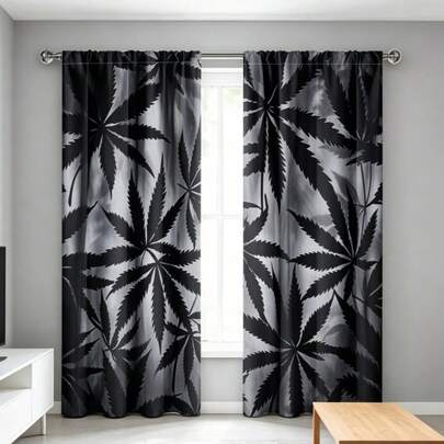 2 Stücke grau & schwarz Blatt Muster Vorhänge - klassische Polyester Verdunkelungsvorhänge, geeignet für Schlafzimmer, Wohnzimmer, Büro Dekoration, Kräuselband, maschinenwaschbar