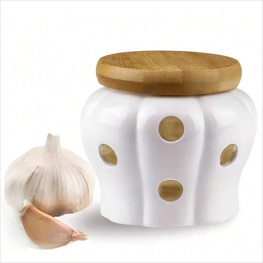 1pc Ceramic Garlic Storage Jar With Ventilated Bamboo Lid, Hollow Ceramic Garlic Warmer For Kitchen Storage And Decor, White & Yellow Ceramic Garlic Storage Container