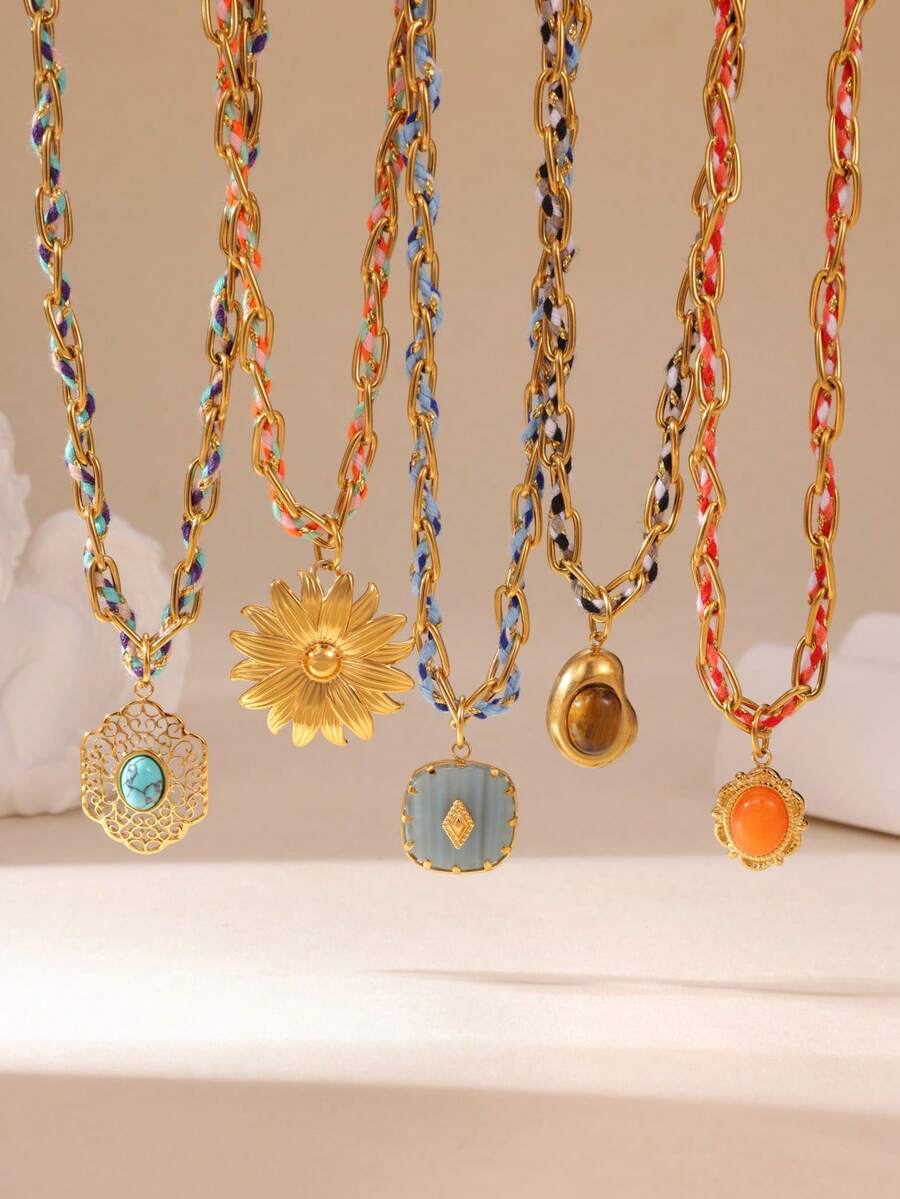 Collier vintage en métal avec fleur tressée, collier pendentif en acier inoxydable de style vacances à la plage personnalisé, accessoires pour femmes - Multicolore - Voir 1