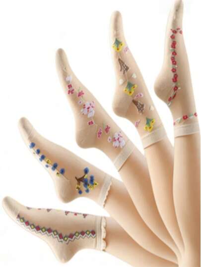 1 Pair/5 Pairs Women's Thin Transparent Glass Fiber Mixed Color Breathable Comfortable Floral Socks, Sweet Elegant Floral Pattern Versatile Indoor Daily Fashion Crystal Silk Mid-Calf Socks, Spring/Summer
