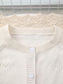 Girls' Spring/Summer Heart Pattern Lace Design + Openwork Heart Pattern Knit Round Neck Cardigan, Gentle And Elegant, Suitable For Outings, Gatherings Or Play - Beige - View 2