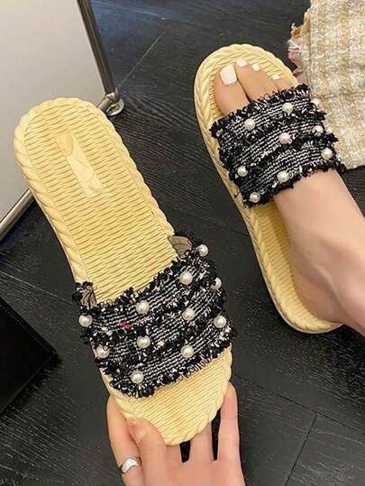 New Summer Versatile Sweet Pearl Decor Flat One-Strap Sandals, Woven Flat Beach Slippers, Summer Travel Beach Shoes For Women