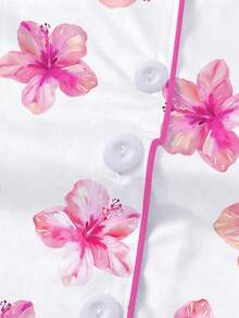 2pcs/Set Wearable Tween Girl Pajama Set, Hawaiian Floral Print, Soft Fabric, Short Sleeve Shirt With Collar & Button, Elastic Shorts, Cute & Fashionable Sleepwear For Holiday Party, Outdoor & Indoor Wear - White - View 5