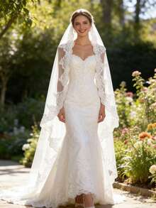 1pc Lace Trim Bridal Veil With Metal Hair Comb, Suitable For Church Wedding, Garden Wedding, Waltz, Romantic Civil Ceremony, Wedding Photography Props, Party & Event Accessories, Valentine's Day Gift, Wedding Decor, Church Wedding, Banquet Party, Formal Occasions, Gala, Christmas Gift, Church Style Photoshoot, Birthday Gift, Cosplay, Birth Party, Valentine's Day Gift, Casual Floral Print - Multicolor - - View 11