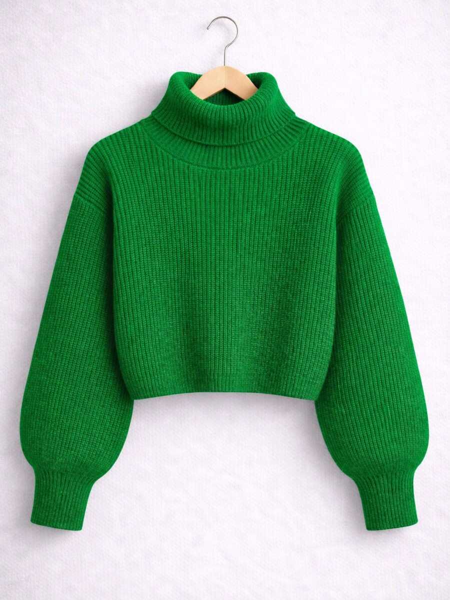 Women's Green Knit Cropped High Neck Sweater With Off-The-Shoulder Design For Winter - Verde - Ver 1