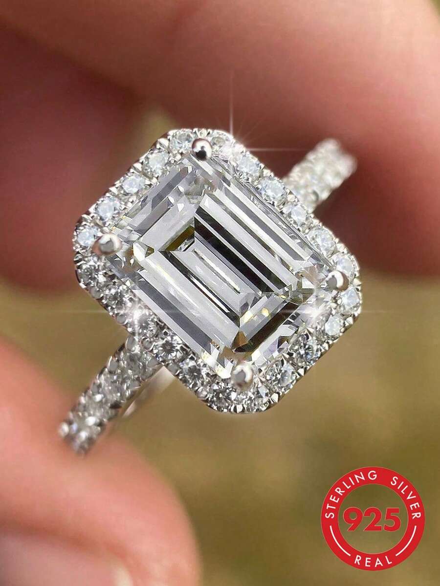 1枚925纯银闪亮方形戒指，经典透明闪亮银戒指，复古风格，可作指环饰品或礼物。