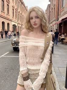 新款秋冬韩版镂空露肩长袖针织罩衫，半透明宽松柔软毛衣上衣，适合外出和约会等场合。 - 杏色 - 查看 8