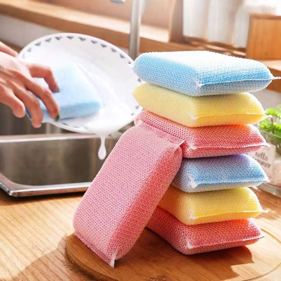 6/12 piezas Esponjas para lavar platos, Almohadillas de lavado de platos engrosadas, Paños de limpieza de cocina, Descontaminación eficiente, Fácil de limpiar, Productos de limpieza de cocina esenciales | Suministros de cocina coloridos | Esponjas resistentes a los arañazos, Adecuadas para la limpieza de la cocina y el baño - Varios artículos - Ver 1